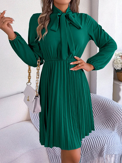 Pleated Dresses- Fall-Winter Solid High Neck Bishop Sleeve Pleated Dress- Green- IndioGear Fashion and Gear