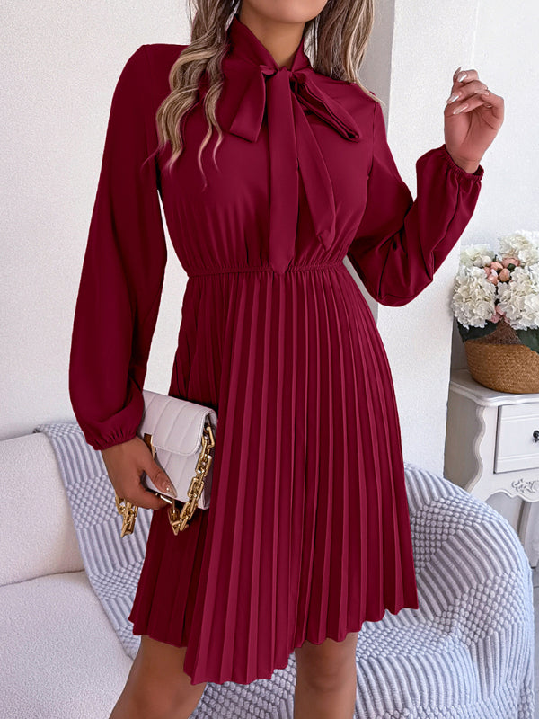 Pleated Dresses- Fall-Winter Solid High Neck Bishop Sleeve Pleated Dress- Wine Red- IndioGear Fashion and Gear