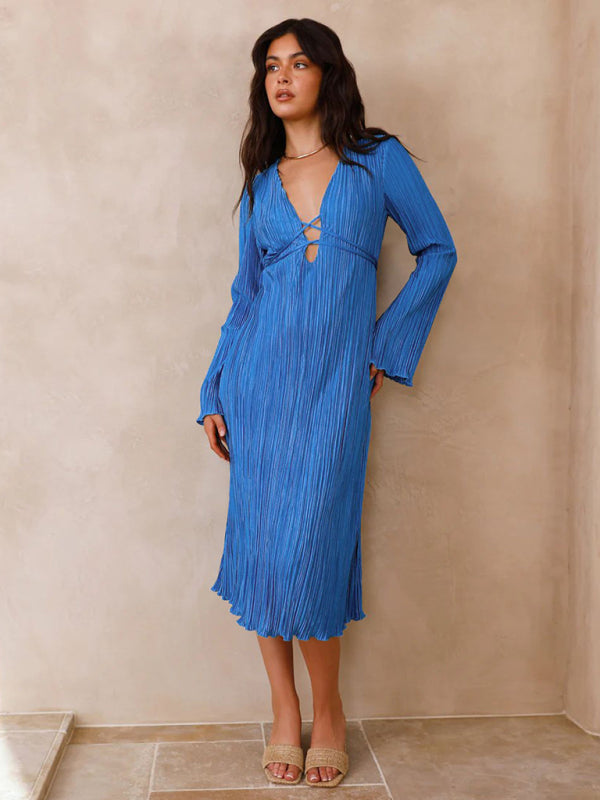 Pleated Dresses- Lace-Up Plisse Long Sleeve Plunging Midi Dress- - IndioGear Clothing and Gear