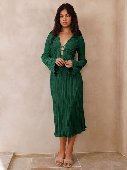 Pleated Dresses- Lace-Up Plisse Long Sleeve Plunging Midi Dress- Green black jasper- IndioGear Clothing and Gear