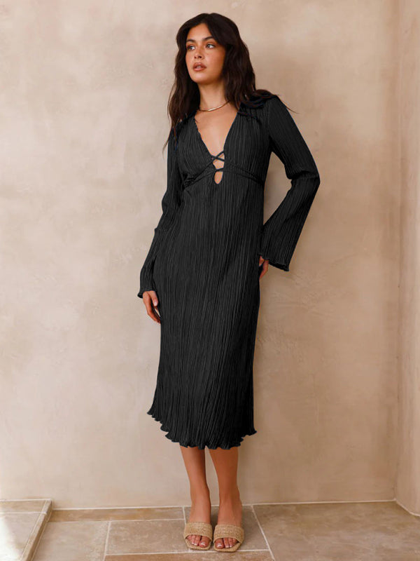 Pleated Dresses- Lace-Up Plisse Long Sleeve Plunging Midi Dress- - IndioGear Clothing and Gear