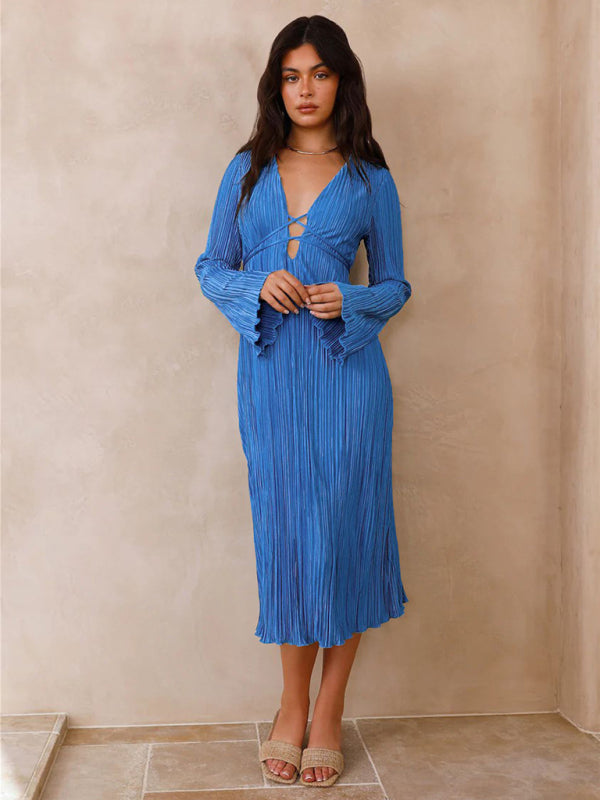 Pleated Dresses- Lace-Up Plisse Long Sleeve Plunging Midi Dress- - IndioGear Clothing and Gear