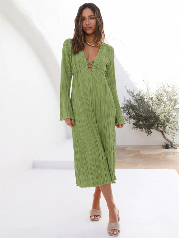 Pleated Dresses- Lace-Up Plisse Long Sleeve Plunging Midi Dress- - IndioGear Clothing and Gear