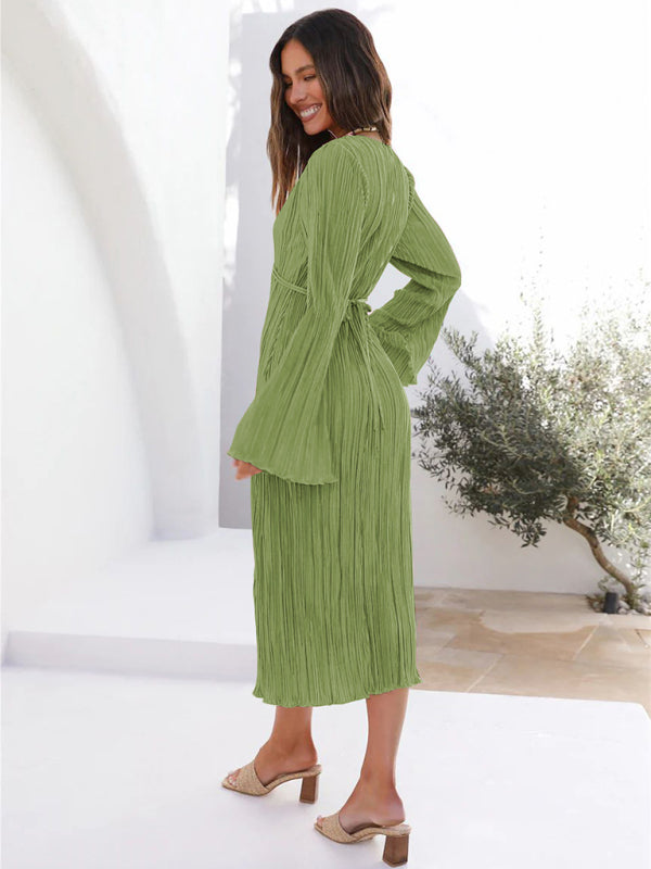 Pleated Dresses- Lace-Up Plisse Long Sleeve Plunging Midi Dress- - IndioGear Clothing and Gear