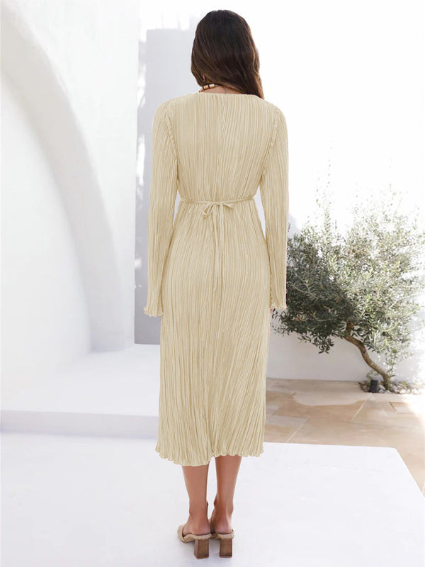 Pleated Dresses- Lace-Up Plisse Long Sleeve Plunging Midi Dress- - IndioGear Clothing and Gear