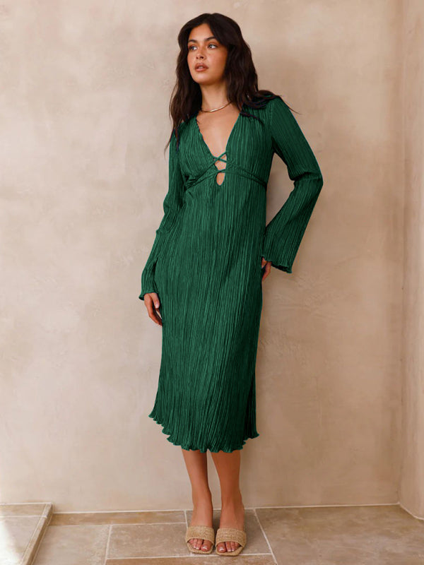 Pleated Dresses- Lace-Up Plisse Long Sleeve Plunging Midi Dress- - IndioGear Clothing and Gear