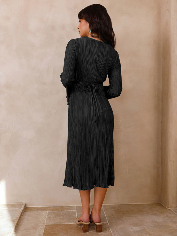 Pleated Dresses- Lace-Up Plisse Long Sleeve Plunging Midi Dress- - IndioGear Clothing and Gear