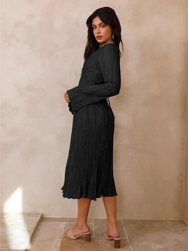 Pleated Dresses- Lace-Up Plisse Long Sleeve Plunging Midi Dress- - IndioGear Clothing and Gear