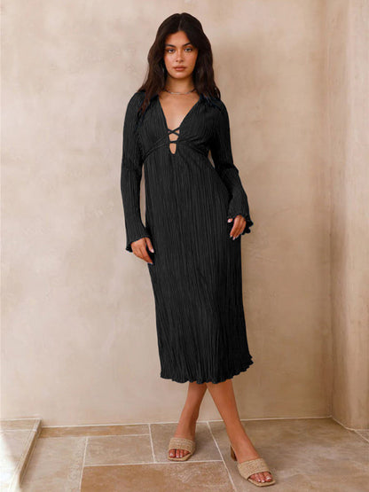 Pleated Dresses- Lace-Up Plisse Long Sleeve Plunging Midi Dress- - IndioGear Clothing and Gear