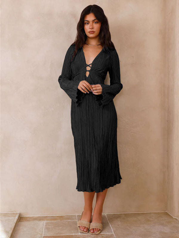 Pleated Dresses- Lace-Up Plisse Long Sleeve Plunging Midi Dress- Black- IndioGear Clothing and Gear