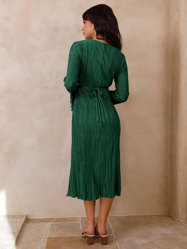 Pleated Dresses- Lace-Up Plisse Long Sleeve Plunging Midi Dress- - IndioGear Clothing and Gear