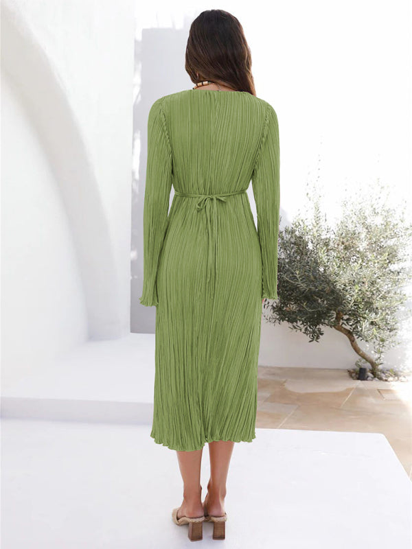 Pleated Dresses- Lace-Up Plisse Long Sleeve Plunging Midi Dress- - IndioGear Clothing and Gear