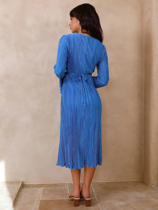 Pleated Dresses- Lace-Up Plisse Long Sleeve Plunging Midi Dress- - IndioGear Clothing and Gear