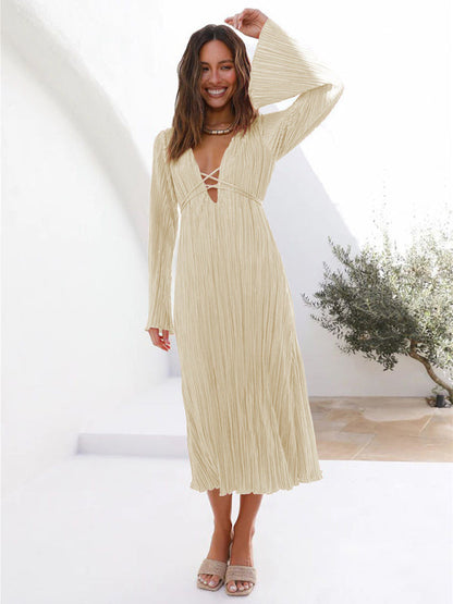 Pleated Dresses- Lace-Up Plisse Long Sleeve Plunging Midi Dress- - IndioGear Clothing and Gear