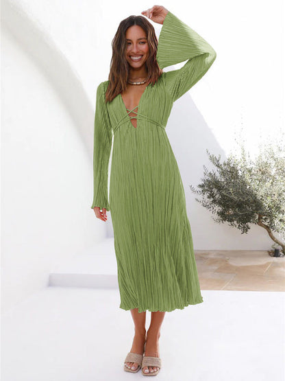 Pleated Dresses- Lace-Up Plisse Long Sleeve Plunging Midi Dress- Green- IndioGear Clothing and Gear