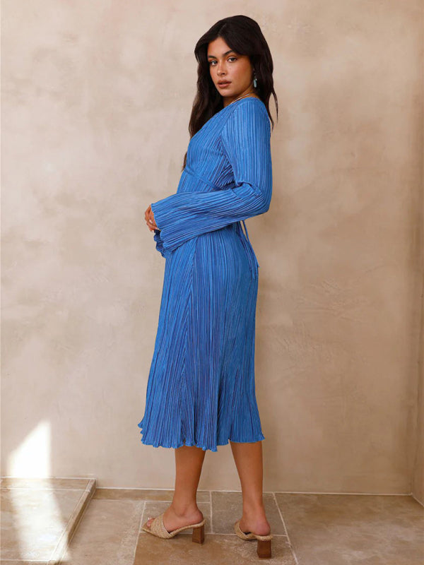 Pleated Dresses- Lace-Up Plisse Long Sleeve Plunging Midi Dress- - IndioGear Clothing and Gear