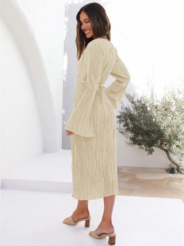 Pleated Dresses- Lace-Up Plisse Long Sleeve Plunging Midi Dress- - IndioGear Clothing and Gear