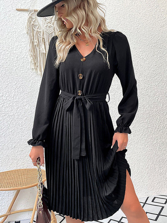 Pleated Dresses- Solid Pleated Long Sleeve Belted Dress- Black- IndioGear Fashion and Gear