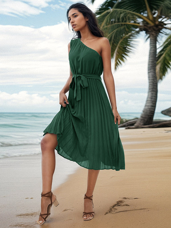 Pleated Dresses- Solid Pleated One-Shoulder Midi Dress with Belt- - IndioGear Fashion and Gear