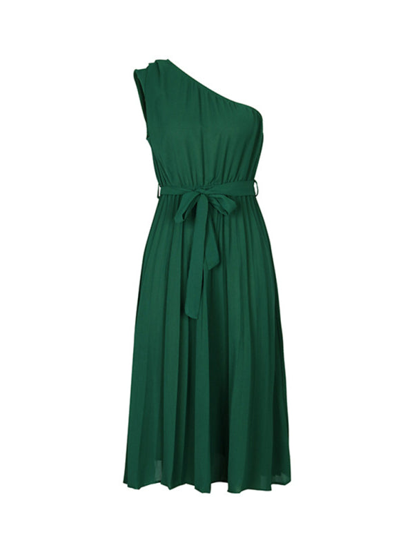 Pleated Dresses- Solid Pleated One-Shoulder Midi Dress with Belt- - IndioGear Fashion and Gear