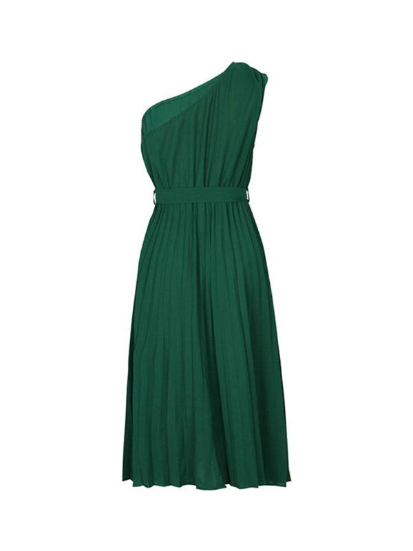 Pleated Dresses- Solid Pleated One-Shoulder Midi Dress with Belt- - IndioGear Fashion and Gear