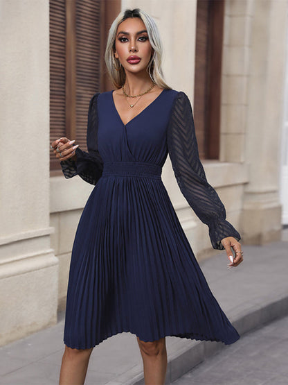 Pleated Dresses- Solid Pleated Plisse Open Back A-Line Midi Dress- Champlain color- IndioGear Clothing and Gear