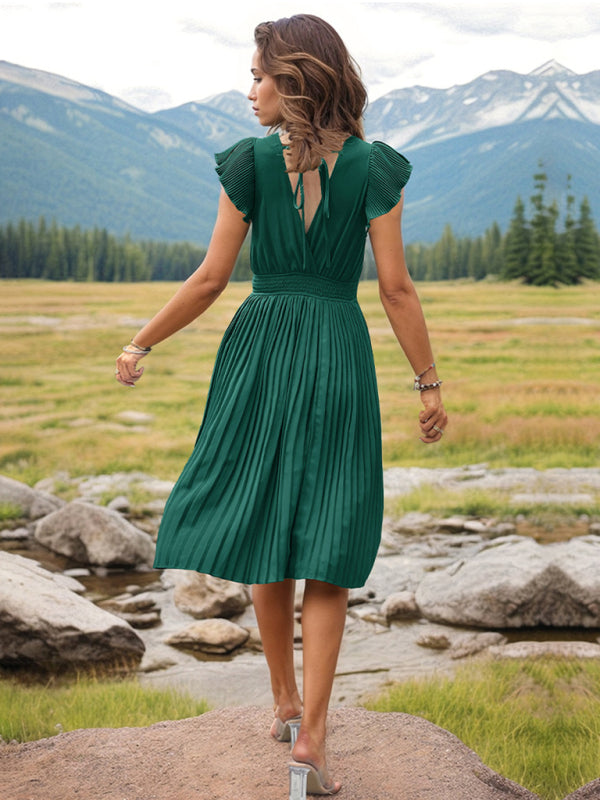 Pleated Dresses- Solid Pleated Surplice V-Neck Midi Dress with Smocked Waist- - IndioGear Fashion and Gear