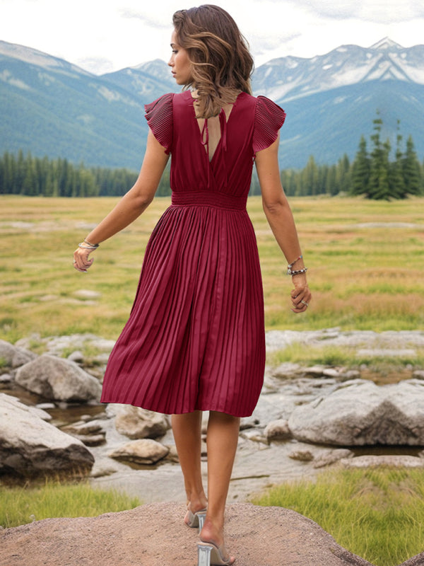 Pleated Dresses- Solid Pleated Surplice V-Neck Midi Dress with Smocked Waist- - IndioGear Fashion and Gear