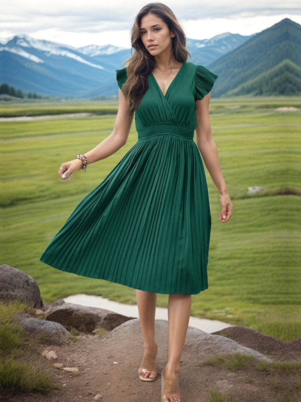 Pleated Dresses- Solid Pleated Surplice V-Neck Midi Dress with Smocked Waist- - IndioGear Fashion and Gear