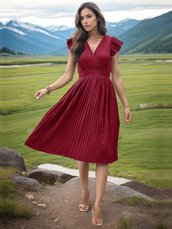 Pleated Dresses- Solid Pleated Surplice V-Neck Midi Dress with Smocked Waist- - IndioGear Fashion and Gear