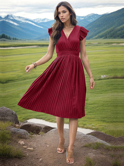 Pleated Dresses- Solid Pleated Surplice V-Neck Midi Dress with Smocked Waist- - IndioGear Fashion and Gear