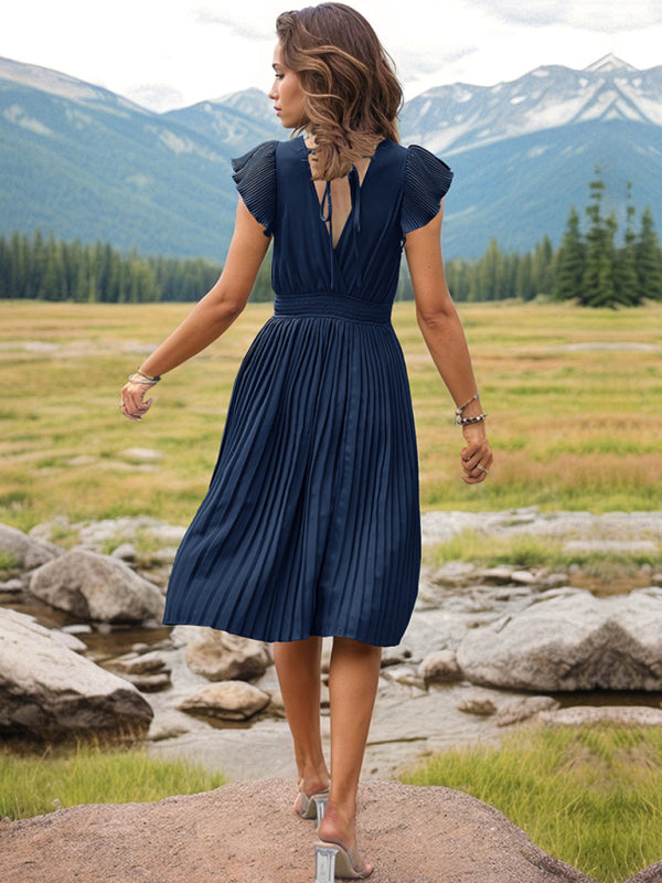 Pleated Dresses- Solid Pleated Surplice V-Neck Midi Dress with Smocked Waist- - IndioGear Fashion and Gear