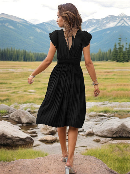 Pleated Dresses- Solid Pleated Surplice V-Neck Midi Dress with Smocked Waist- - IndioGear Fashion and Gear