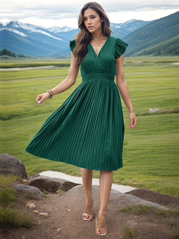 Pleated Dresses- Solid Pleated Surplice V-Neck Midi Dress with Smocked Waist- - IndioGear Fashion and Gear