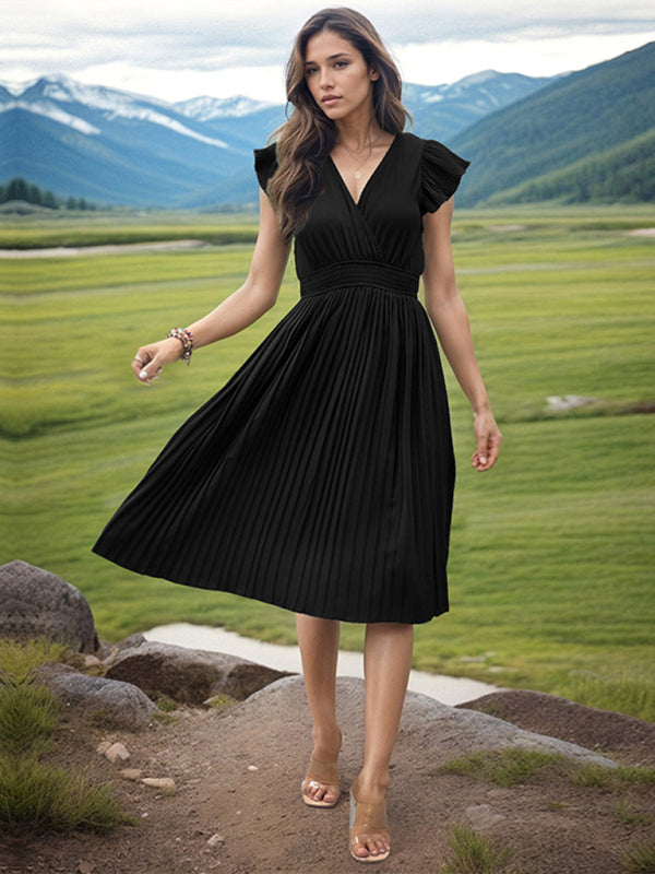 Pleated Dresses- Solid Pleated Surplice V-Neck Midi Dress with Smocked Waist- - IndioGear Fashion and Gear