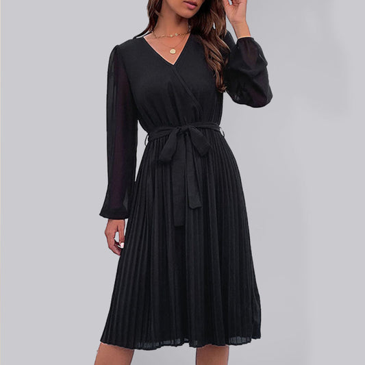 Pleated Dresses- Solid Pleated Wrap Long Sleeve Belt Tie Dress- Black- IndioGear Fashion and Gear