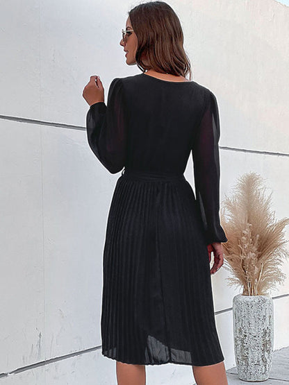 Pleated Dresses- Solid Pleated Wrap Long Sleeve Belt Tie Dress- - IndioGear Fashion and Gear