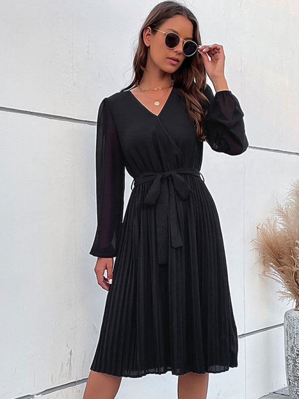 Pleated Dresses- Solid Pleated Wrap Long Sleeve Belt Tie Dress- - IndioGear Fashion and Gear