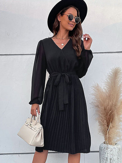 Pleated Dresses- Solid Pleated Wrap Long Sleeve Belt Tie Dress- - IndioGear Fashion and Gear