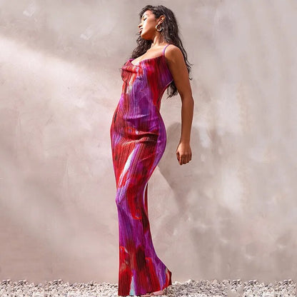 Abstract Cowl Neck Pleated Sheath Cami Maxi Dress | Pleated Maxi Dress | Pekosa Women Clothing