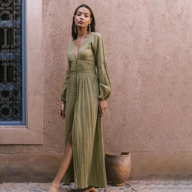 Plisse Maxi Dresses- Plisse Draped Plunge Maxi Dress- Green- IndioGear Fashion and Gear