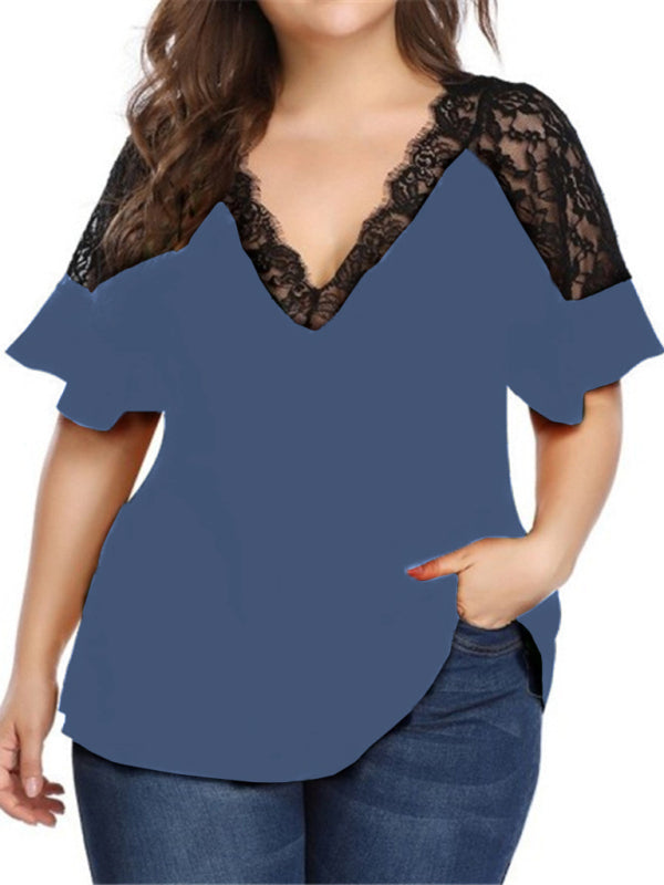 Plus Size Blouses- Curvy V-Neck Blouse with Lace Accents- - IndioGear Fashion and Gear