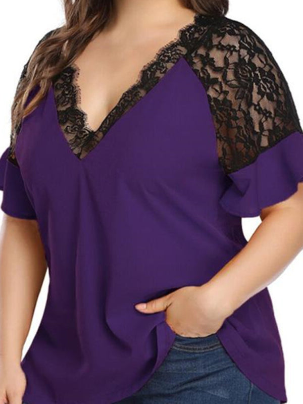 Plus Size Blouses- Curvy V-Neck Blouse with Lace Accents- Purple- IndioGear Fashion and Gear