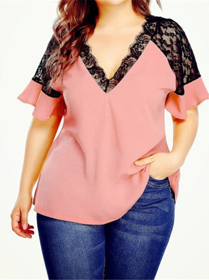 Plus Size Blouses- Curvy V-Neck Blouse with Lace Accents- Pink- IndioGear Fashion and Gear