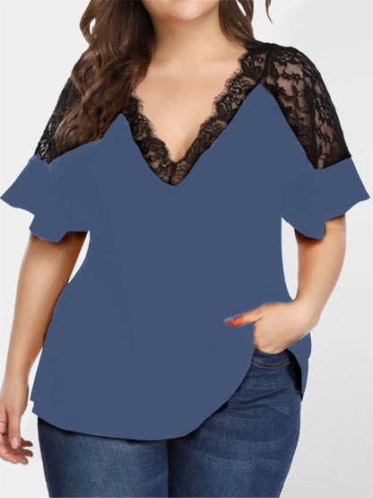 Plus Size Blouses- Curvy V-Neck Blouse with Lace Accents- Black- IndioGear Fashion and Gear