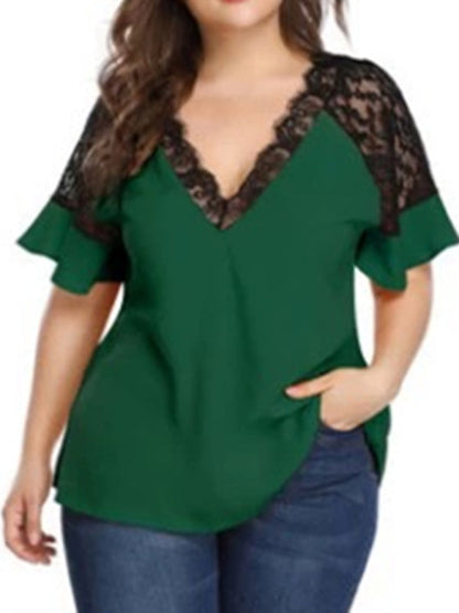 Plus Size Blouses- Curvy V-Neck Blouse with Lace Accents- Green- IndioGear Fashion and Gear