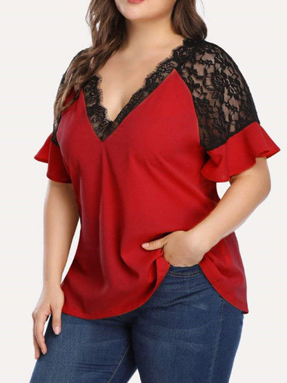 Plus Size Blouses- Curvy V-Neck Blouse with Lace Accents- Red- IndioGear Fashion and Gear