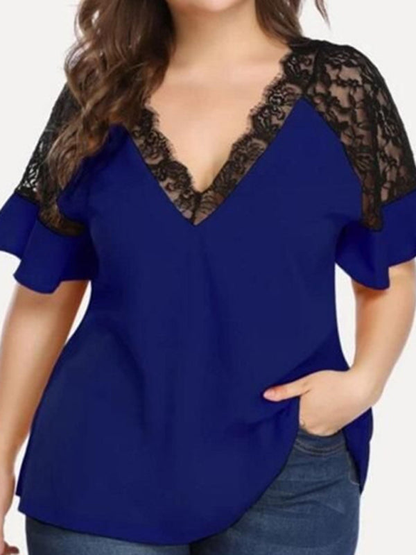 Plus Size Blouses- Curvy V-Neck Blouse with Lace Accents- Blue- IndioGear Fashion and Gear