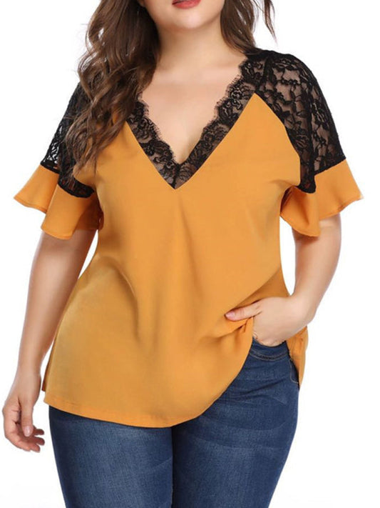 Plus Size Blouses- Curvy V-Neck Blouse with Lace Accents- Yellow- IndioGear Fashion and Gear