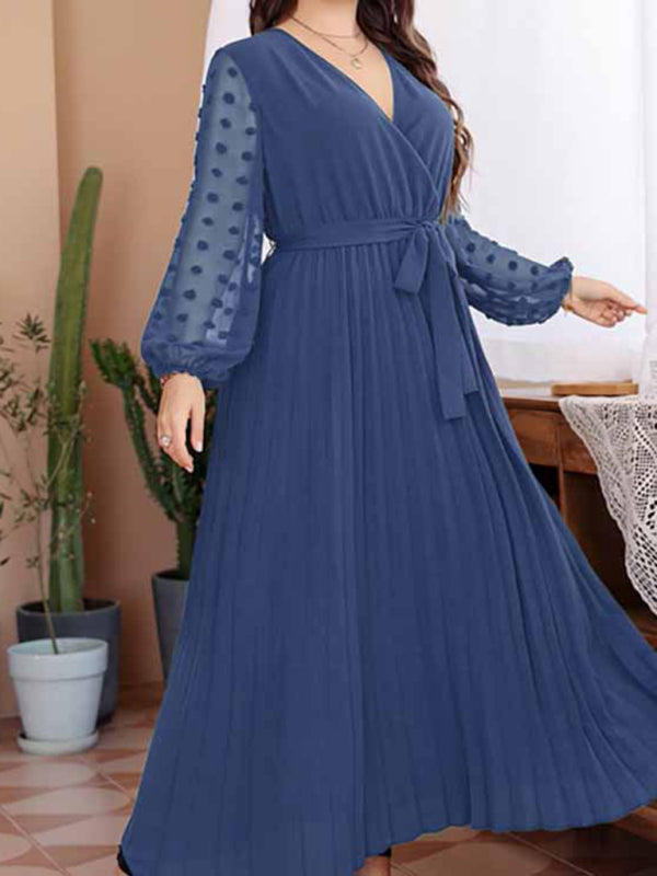 Plus Size Dresses- Belted Long Dress with Polka Dot Mesh Sleeves for Curvy Queens- - IndioGear Fashion and Gear